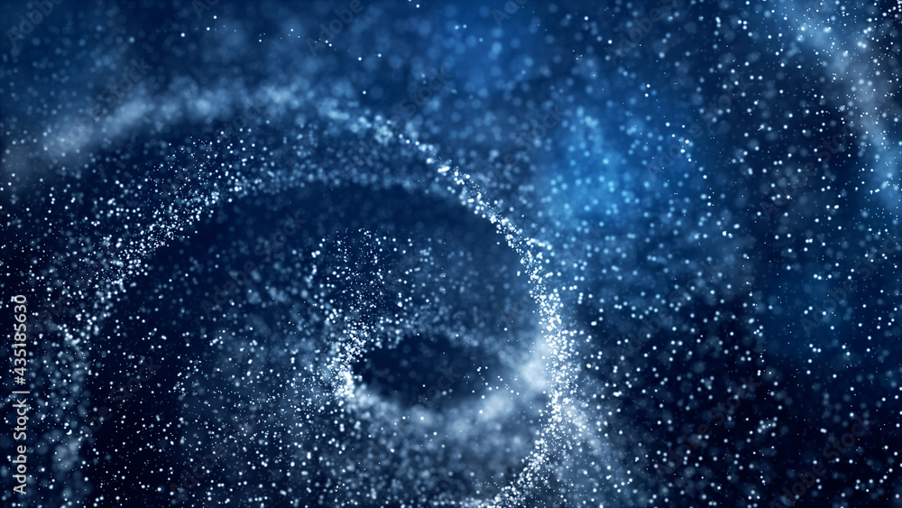 Poster defocused digital particles rotation movement, digital cyberspace abstract background blue color con