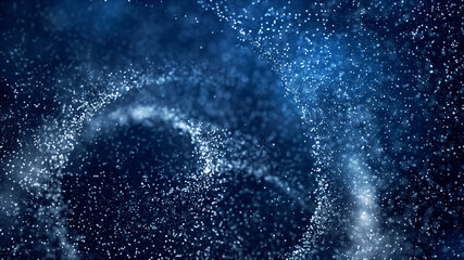 Defocused digital particles rotation movement, Digital cyberspace abstract background blue color concept. 3d rendering
