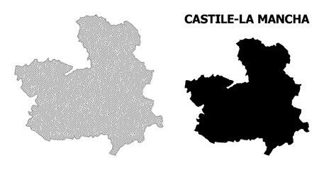 Polygonal mesh map of Castile-La Mancha Province in high detail resolution. Mesh lines, triangles and dots form map of Castile-La Mancha Province.