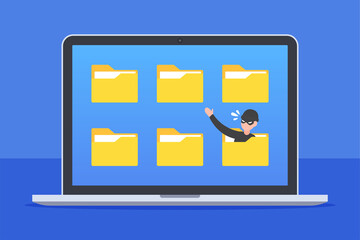Hacker hides in a document folder and try to steal data. Creative concept of cybercrime. System security. Information hacking. Trendy cute cartoon vector illustration. Technology flat style graphic.
