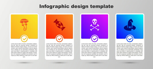 Set Psilocybin mushroom, Candy, Skull on crossbones and Witch hat. Business infographic template. Vector
