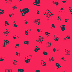 Set Moon and stars, Tombstone with RIP written, Psilocybin mushroom and Burning candle on seamless pattern. Vector