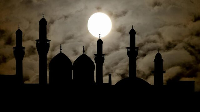 Al-Jawadin Shrine by Night with Dark Atmosphere, Fog, Smoke, and Full Moon, Al-Kadhimiya, Baghdad, Iraq
