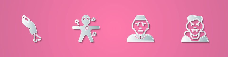 Set paper cut Zombie finger, Voodoo doll, Priest and Vampire icon. Paper art style. Vector