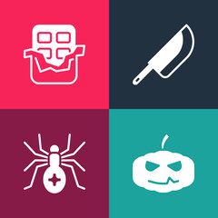 Set pop art Pumpkin, Spider, Knife and Chocolate bar icon. Vector