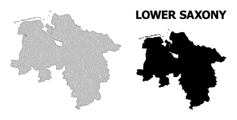 Fototapeta premium Polygonal mesh map of Lower Saxony State in high detail resolution. Mesh lines, triangles and dots form map of Lower Saxony State.