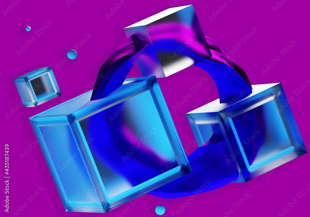 Poster abstraction with geometric shapes. abstract geometry. blue cubes on a pink background. neon abstract