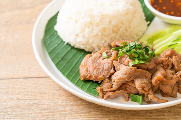 grilled pork garlic with rice with spicy sauce