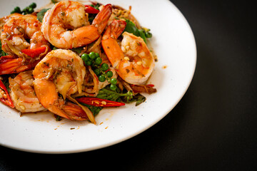 stir fried holy basil with shrimps and herb