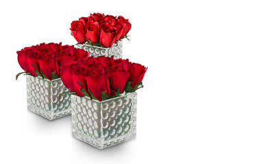 A bunch of red hearts placed in three rectangular glasses on a white background, nature, decoration, copy space