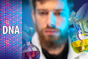 DNA research. The scientist next to the DNA tag. Chromosomal barcodes for biomedical research....