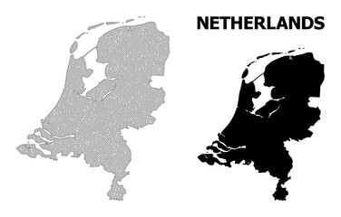 Polygonal mesh map of Netherlands in high detail resolution. Mesh lines, triangles and points form map of Netherlands.