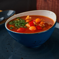 Bowl of minestrone soup on a table, close up