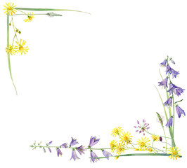 Watercolor frame of yellow flowers and bell flowers on white background 