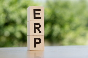 The word ERP - Enterprise resource planning, built from wooden cubes outdoors on the background of nature.