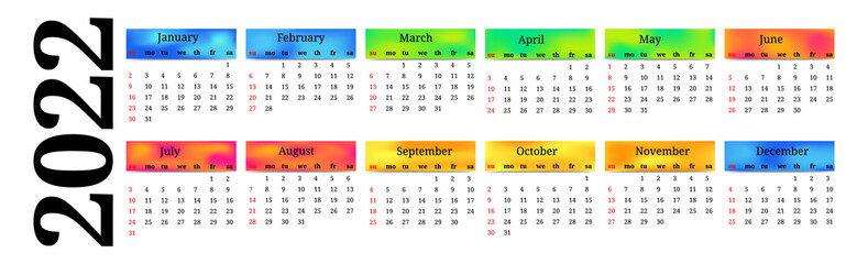 Horizontal calendar for 2022 on a white background