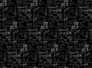 Fototapeta premium Physical equations on school board. Vector hand-drawn illustration. Education and scientific seamless pattern.
