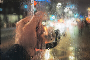 View through the window with raindrops. Rainy weather. Raindrops on the glass.