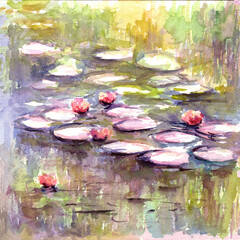 Water lily in garden pond landscape watercolor painting hand painted on paper 