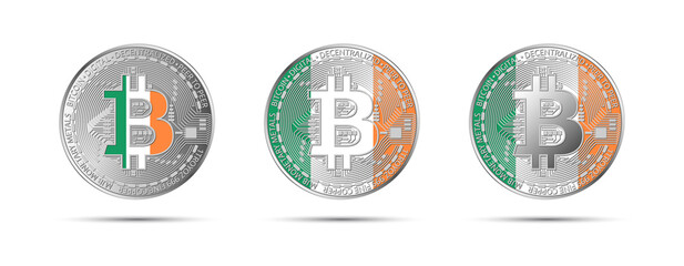 Naklejka premium Three Bitcoin crypto coins with the flag of Ireland. Money of the future. Modern cryptocurrency vector illustration