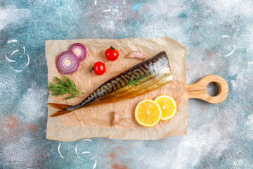 Slices of smoked fish mackerel or scomber.