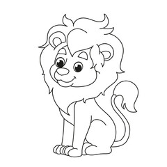 A cute lion cub sits. Children s cartoon coloring. Black and white vector illustration of a big african lion animal character for coloring fun