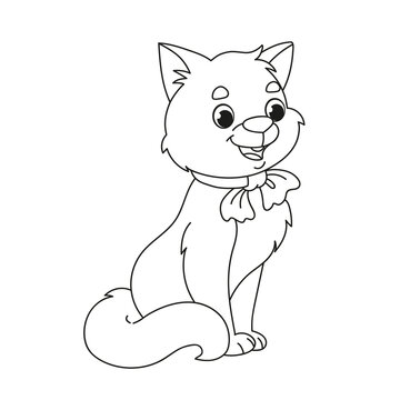 A cute kitten with a bow is sitting. Children s cartoon coloring book. Black and white vector illustration with a cat. Developing task for the kid fun