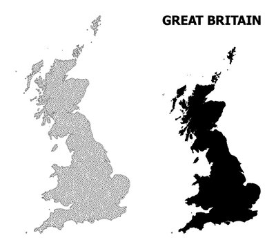 Polygonal mesh map of Great Britain in high detail resolution. Mesh lines, triangles and dots form map of Great Britain.