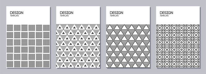 Set of flyers, posters, banners, placards, brochure design templates A6 size. Graphic design templates for logo, labels and badges. Geometric shapes, tiles. Vector monochrome backgrounds.