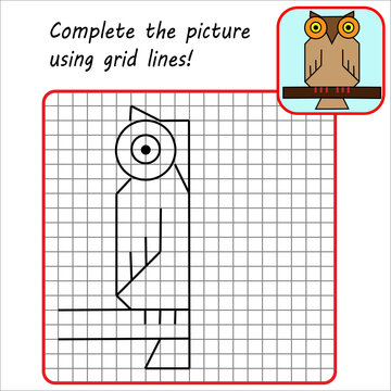 Educational game for kids. Simple exercise Owl. Drawing using grid. Symmetrical drawing. Vector illustration.
