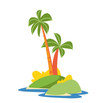 Desert island icon. Vector illustration in cartoon children s style. Isolated funny clipart on a white background. Two palm trees on the island. Cute print