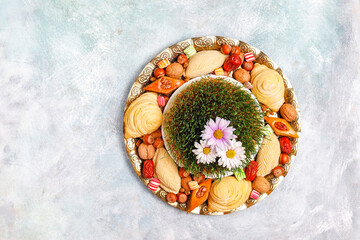 Obraz na płótnie Canvas Traditional Azerbaijan holiday Novruz sweets,shekerbura,qogal,paxlava,mutaki.