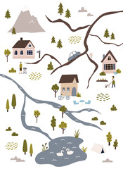 Town map with cute houses, roads, river, lake, people. Hand drawn vector cartoon illustration for poster © MariaNechaeva