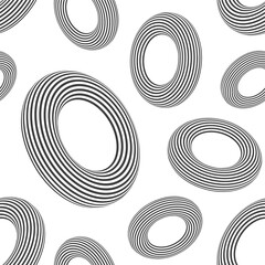 Seamless pattern of 3D geometric striped rounded shapes. Donuts. Black and white colors. Psychedelic optical effect. Stylish minimalistic graphic design. 
