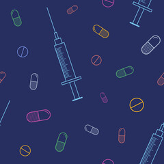 Vector seamless pattern with color outline pills, tablets, capsules, medical syringes, isolated on dark blue background. Linear style. Medical preparations. Color illustration.