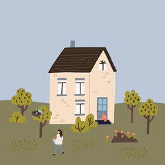 Obraz na płótnie Canvas Spring landcape. Cute house with a garden. Woman carries a bouquet. Hand drawn vector illustration