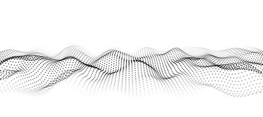 Abstract white wave with moving dots. Flow of particles. Vector cyber technology illustration.