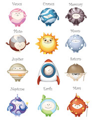 Cartoon planets of the solar system in cartoon style. Bright planets characters