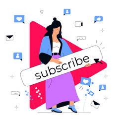 Successful video blogger calls to subscribe to her online channel. Social media marketing concept. Influencer girl attracts followers. Internet vlog