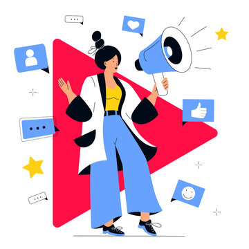 Video blogger announces new content release for subscribers on her online channel. A girl holding a loudspeaker. Social media marketing concept. Influencer girl attracts followers. Internet vlog