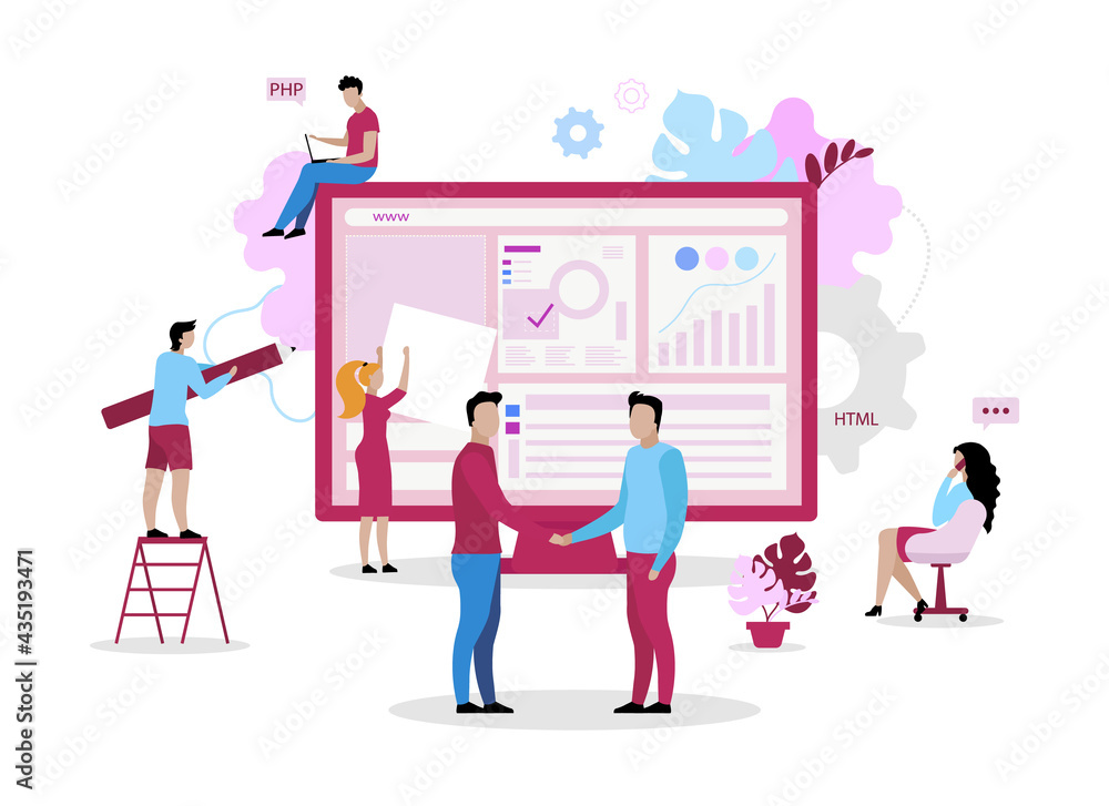 Poster website development crew flat concept vector illustration. maintaining functionality and user intera