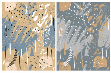 Simple Hand Drawn Abstract Seamlees Vecot Patterns. Pale Blue, Black and White Stain, Spots and Twigs on a Gold Background.Freehand Irregular Print with Splashes and Daubs on a Pale Blue Layout. 