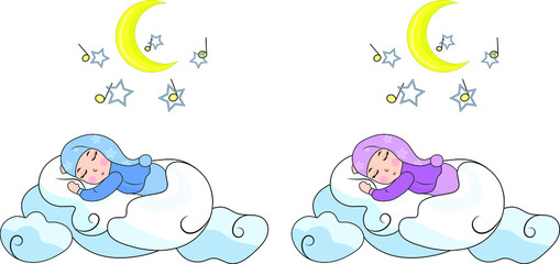 A newborn baby sleeps on a soft white cloud with a moon and stars shining on it, a set of a girl and a boy in pajamas with a cap. Vector drawing on a white background, children's graphics. 