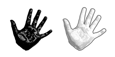 Hand kid print 3D, isolated white background. Black white paint human hands. Silhouette child, young people handprint. Stamp children fingers, palm shape. Abstract design texture Vector illustration