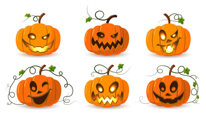 Halloween pumpkin icon set. Autumn symbol. 3D design. Halloween scary pumpkin face, smile, candle light, leaf. Orange squash silhouette isolated white background. Cartoon colorful Vector llustration
