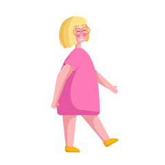 Blonde girl in glasses go and smile. Vector flat illustration on white background.