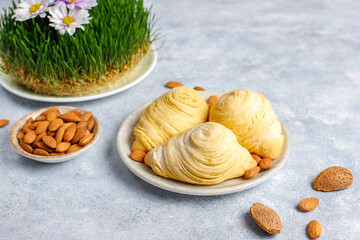 Traditional Azerbaijan holiday Novruz sweet badambura with almond.