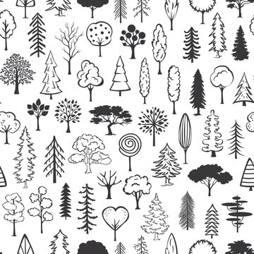 black and white doodle trees seamless pattern