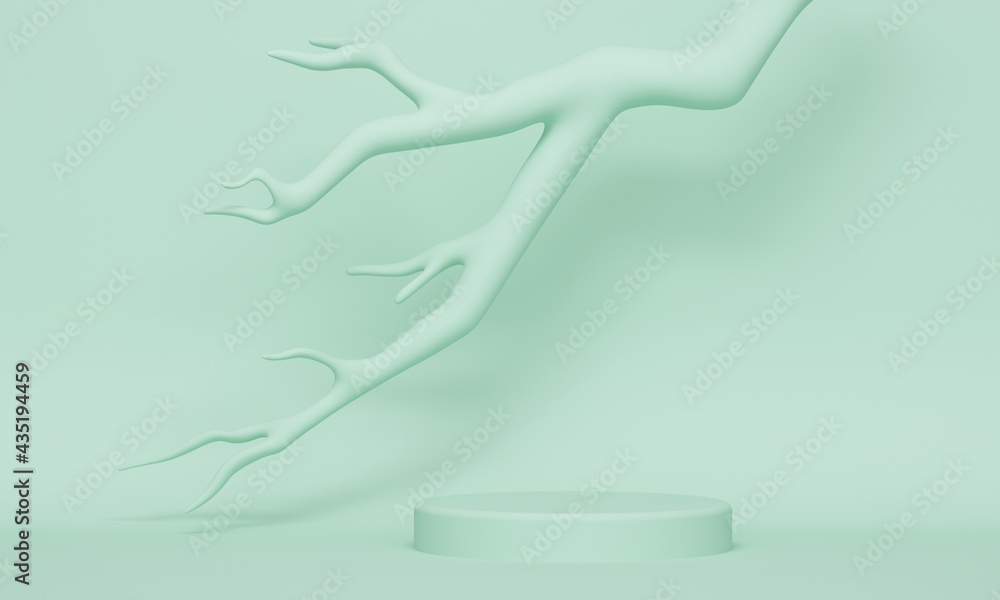 Poster podium for cosmetics on mint background with branch. 3d rendering
