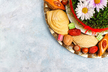 Traditional Azerbaijan holiday Novruz sweets,shekerbura,qogal,paxlava,mutaki.